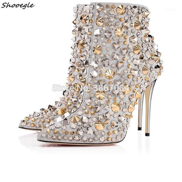 

shooegle fashion trends 2020 glitter spikes studs ankle boots pointed toe high heels bling rivets stilettos zip botas mujer 20201, Black