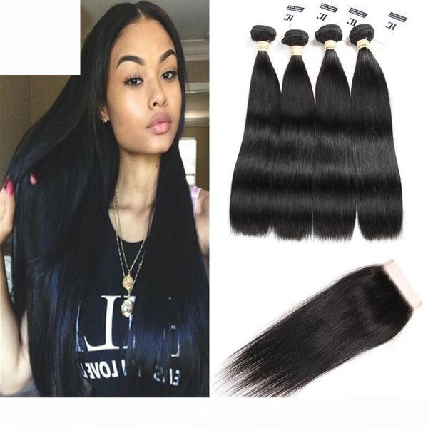 

malaysian straight human hair 3 bundles with closure malaysian hair lace closure with baby hair extension natural color hc, Black