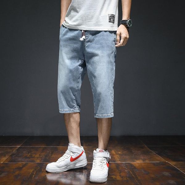 

men's jeans cropped male loose 2021 summer thin korean harlan casual brand overalls shorts men cowboy teenagers pants, Blue