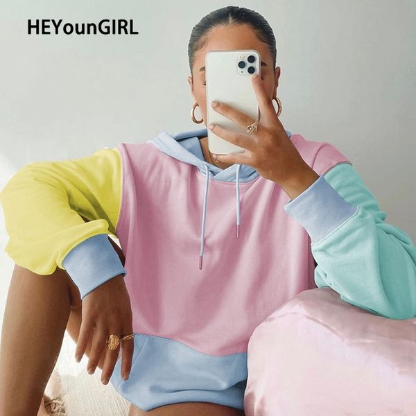 

heyoungirl patchwork fashion casual hooded sweatshirt women pink korean long sleeve sweat shirt autumn streetwear pullovers t200904, Black