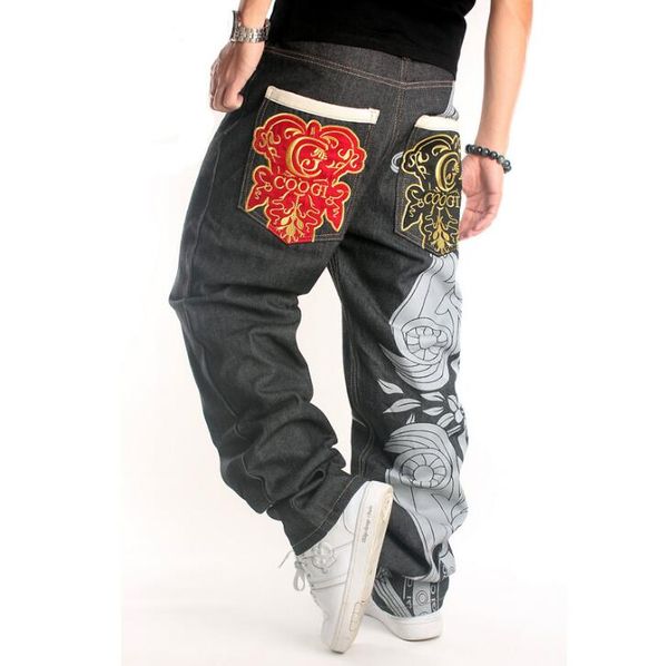 

men's hip-hop jeans hiphop street dance graffiti print embroidered loose skateboard pants loose casual skate pants men jeans pants, Blue
