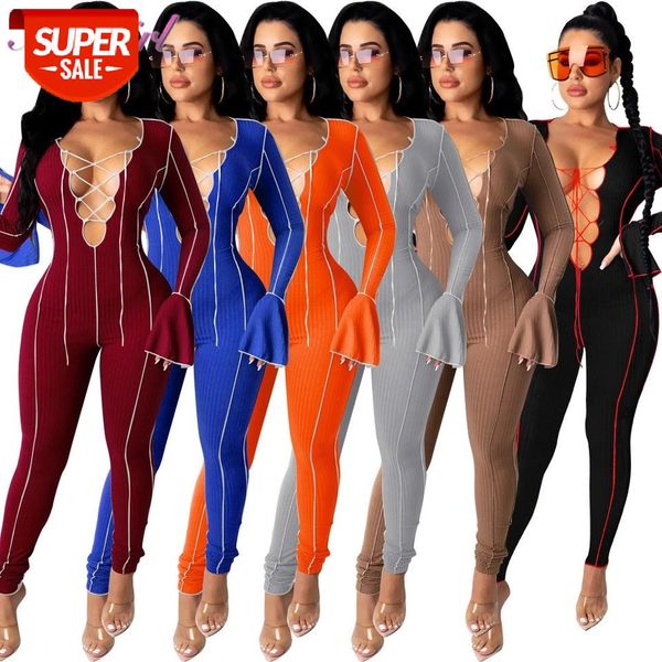 

ribbed knitted lace up deep v neck falre long sleeve bodycon jumpsuit women hollow out night party rompers outfit overalls #st9c, Black;white