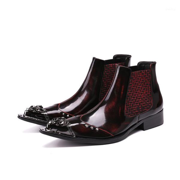 

boots winter shoes genuine leather men pointed toe metal ti men's dress fashion handmade chain mens booties size 38-461, Black