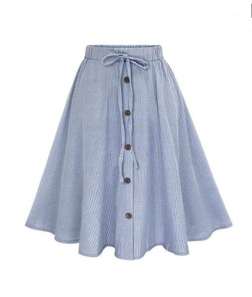 

faldas mujer moda 2019 women high waist stripe single-breasted lace high waist plain skater flared skirt casual loose1, Black