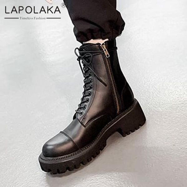 

boots lapolaka 2021 arrivals luxury leather shoes woman booties zip skidproof comfy leisure motorcycle female, Black