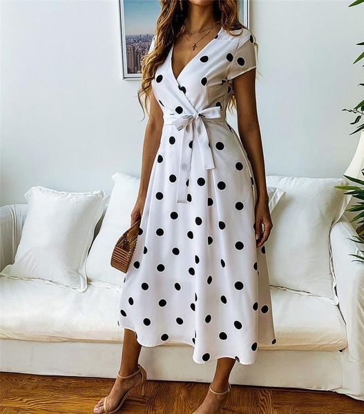 

women polka dot midi dress boho evening party summer beach casual long sundress v neck casual dress, Black;gray