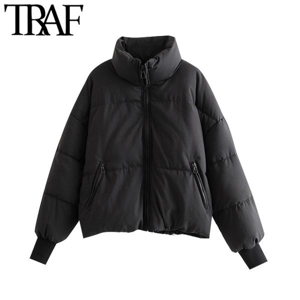 

traf women fashion oversized thick warm parkas coat vintage long sleeve pockets drawstring female outerwear chic 201017, Black