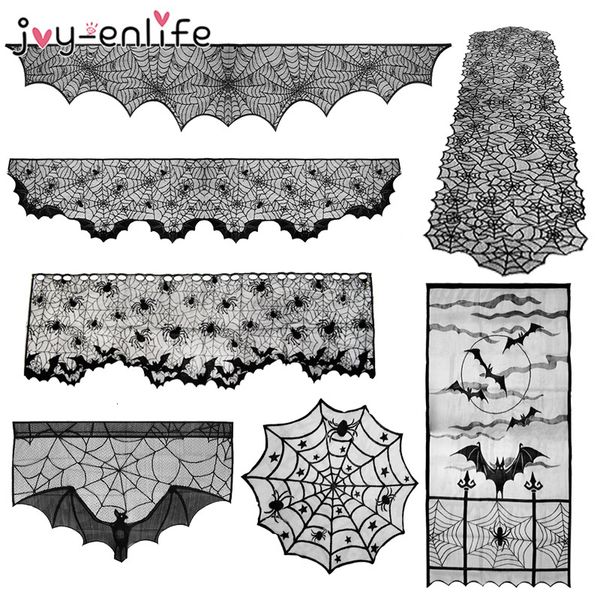 

1pcs halloween decoration props black lace spiderweb fireplace mantle scarf cover tablecloth festive party supplies