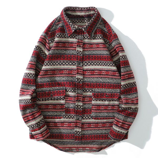 

2021 new hip hop retro plaid long sleeve harajuku national style knitted streetwear snap button shirt autumn cotton loose on55, White