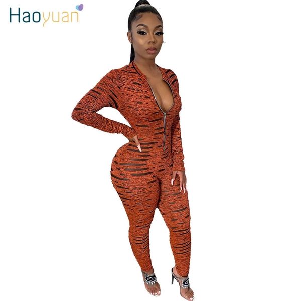 Haoyuan Sexy Macacão Womens Jumpsuit Queda Moda Moda Costumes Costumes Um Pedaço Outfits Macacões Manga Longa Bodycon Jumpsuits T200509