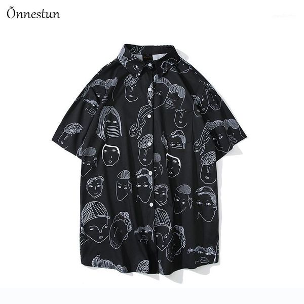 

men's casual shirts onnestun hip hop short sleeve shirt men street hawaii beach women fashion harujuku graffiti painting lovers men1, White;black