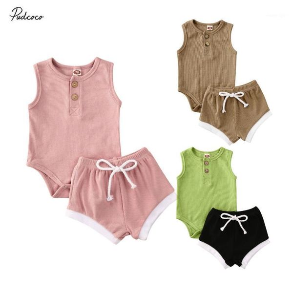

clothing sets 2021 3 colors 0-24m summer casual infant baby girls boys clothes solid sleeveless button romper +shorts 2pcs set1, White