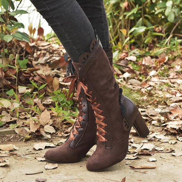 

women suede mid-calf boots vintage gothic lace high heel boots bandage cosplay autumn shoes 2020 new arrival leather shoes1, Black