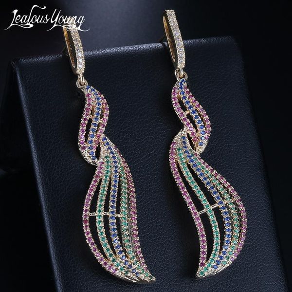 

dangle & chandelier luxury ethnic feather zircon wedding drop earrings for women lady multicolor boho gold bride jewelry, Silver