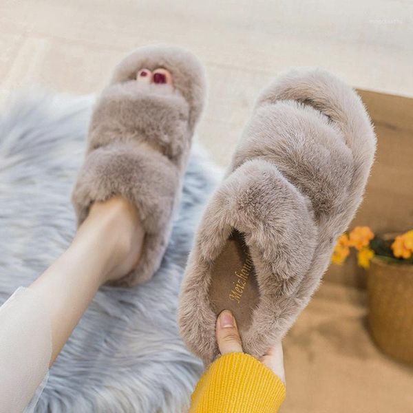

slippers flock female shoes plush for adults women heels slides platform fashion low 2021 fur high flat soft luxury with fur1, Black