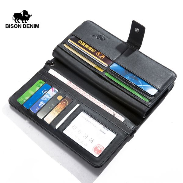 

bison denim genuine leather wallet long male business coin purse zipper pocket luxury brand design handy clutch wallet n8222-1, Red;black