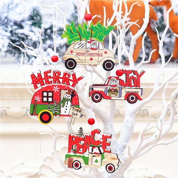 Wood Christmas Tree Ornamentos criativos Papai Noel Claus Snowman Carro