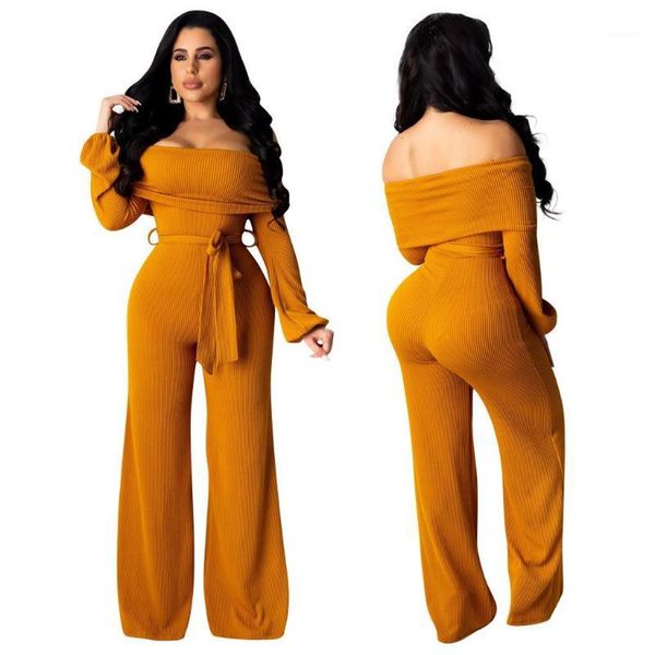 

wrap belt long sleeve club off shoulder romper women bodycon wide leg jumpsuit sashes chic plus size spring jumpsuit1, Black;white