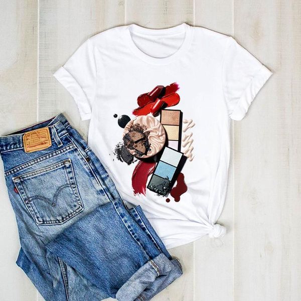 

women print fashion make up elegant 3d color lady graphict ladies clothes tee female tshirt womens shirt clothing t-shirt, White