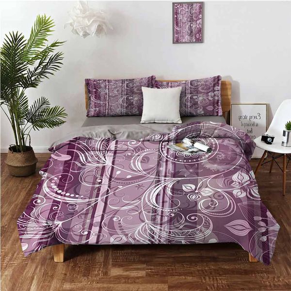 

flowers and leaves with curved stems ornate style artwork on striped background printbedding 3-piece set