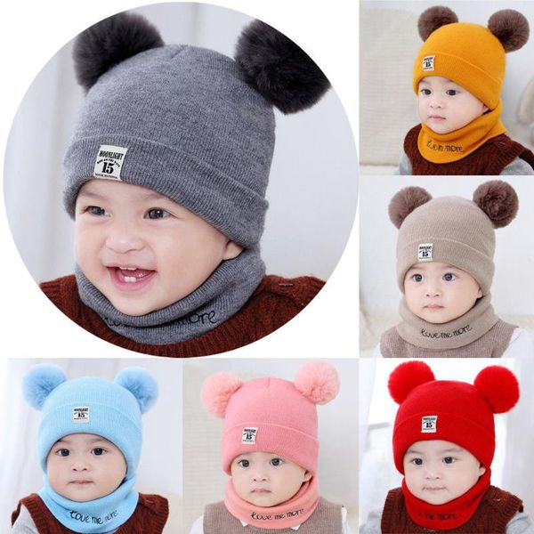 

2 pieces baby beanies cap set baby kid solid color plush ball girls hat and scarf set winter warm caps for boys newborn hat, Yellow