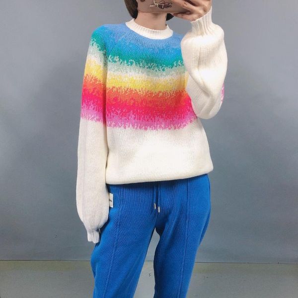 

2021 spring rainbow sweater women sueter mujer loose pullover round neck lantern sleeve jumpers knit, White;black