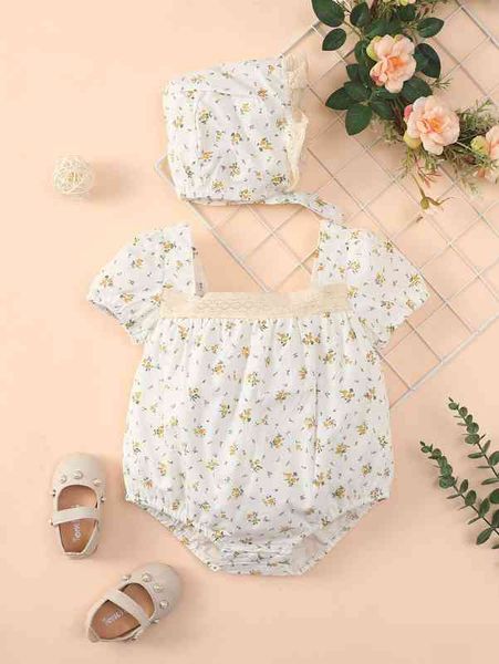 

baby ditsy floral lace trim puff sleeve bodysuit with hat she, Blue