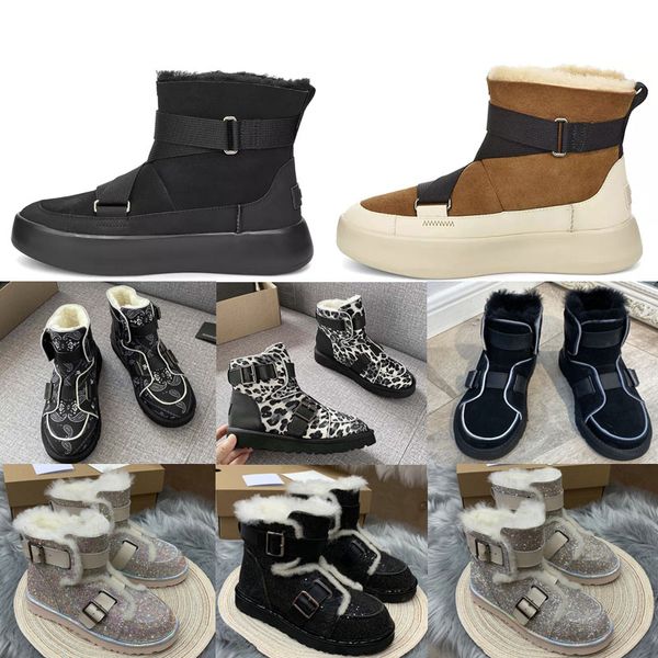 

2021 australia mini women platform designer womens buckle motorccle boot girls bailey bow australian winter fur snow short locomotive bo, Black