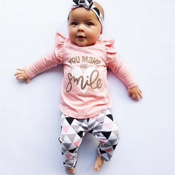 

/set baby girl clothes newborn infant long sleeve letter you make me smile geometric pants with headband lj201223, White
