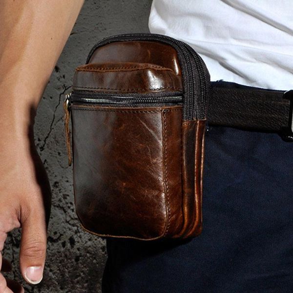 

men's waist bag genuine leather vintage men hook belt fanny bag mobile phone case wallet1