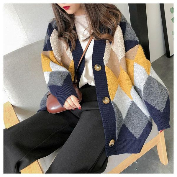 

autumn 2020 new knitted cardigan women's sweater jacket korean version loose thick plaid, casual christmas sweater, White