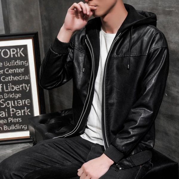 

new 2020 hooded hat detachable men pu leather jacket windbreaker1, Black