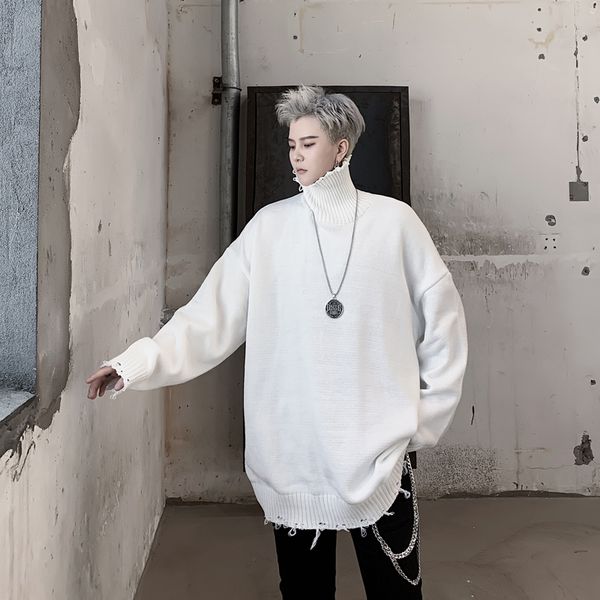

men turtleneck hole loose solid knitted pullover sweater autumn winter male women street hip hop punk gothic kg-974, White;black