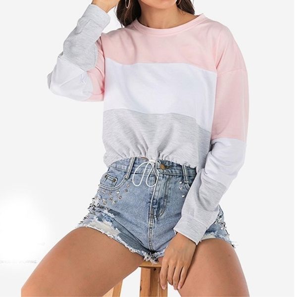 

stitching loose short round neck women sweatshirt, Black