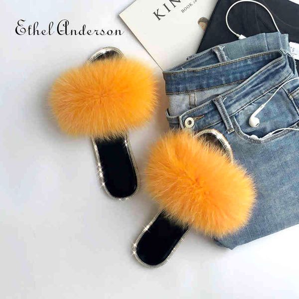 

ethel anderson real fox fur fluffy slippers for womens sandals woman crystal decoration bling famous brand shoes designer slide y220310, Black