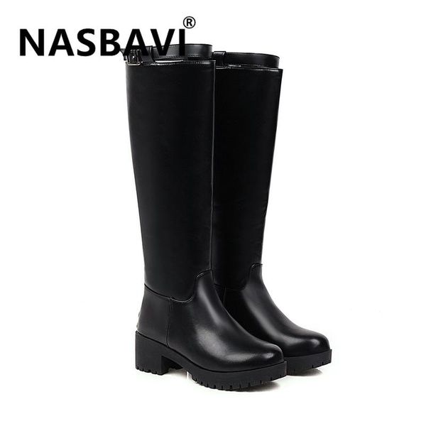 

горячая новое прибытие езда сапоги круглый носок med пятки пряжки ремня зимы колена высокие ботинки женщин мотоцикла нескользящей снега, Black