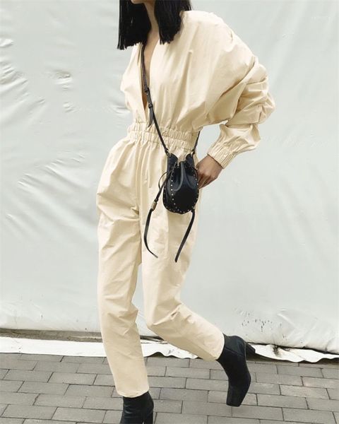 

stylish lady beige elegant pleated jumpsuits 2020 autumn women puff sleeve v neck elastic waist pocket club party overalls1, Black;white
