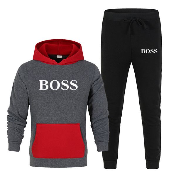 

men's designer hoodie winter new printed track suit patchwork hooded pullover + jogging pants suit men's, Black