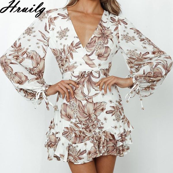 

dress woman v neck backless dress floral print lacing up ruffles fashion a line autumn summer elegant long sleeve1, Black;gray