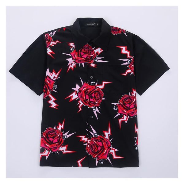 

summer new fashion brand rose printed shirts for men streetwear cool black couple short sleeve shirt male hip hop holiday 1, White;black
