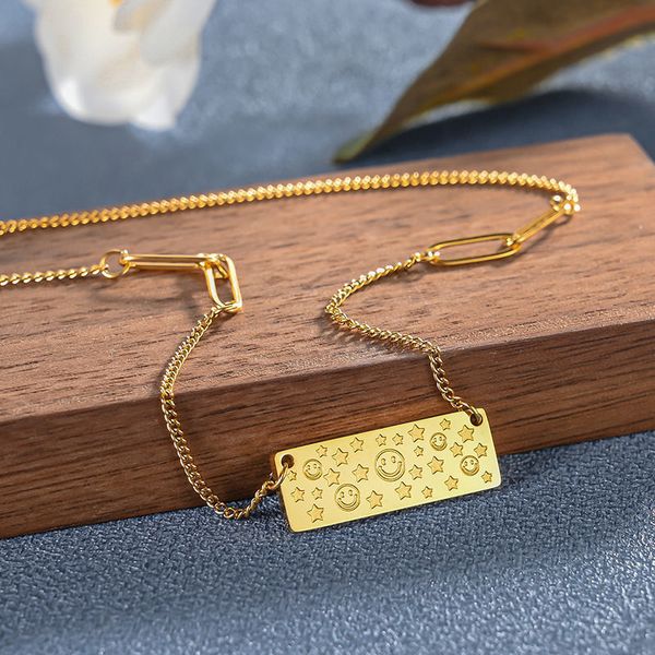 

smiling face rectangle letter necklace simple net red fashion clavicle chain pendant versatile titanium steel sweater chain, Silver