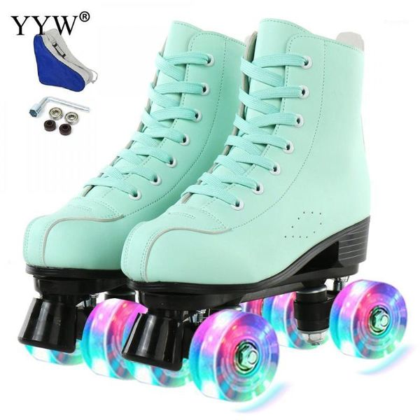 

women green pu leather roller skates skating shoes sliding inline quad skates sneakers training europe size 4 wheels flash wheel1