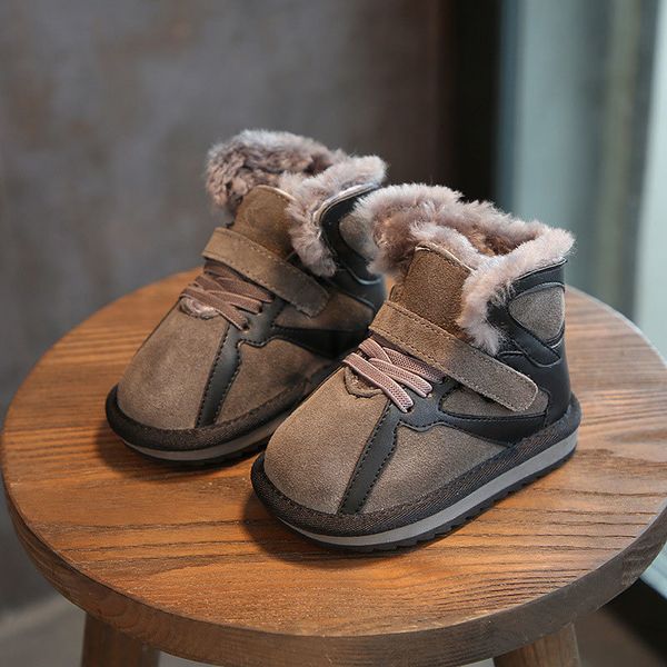 

children genuine leather winter size21-30 toddler baby kids plush vintage snow boots boys girls footwear shoe, Black;grey