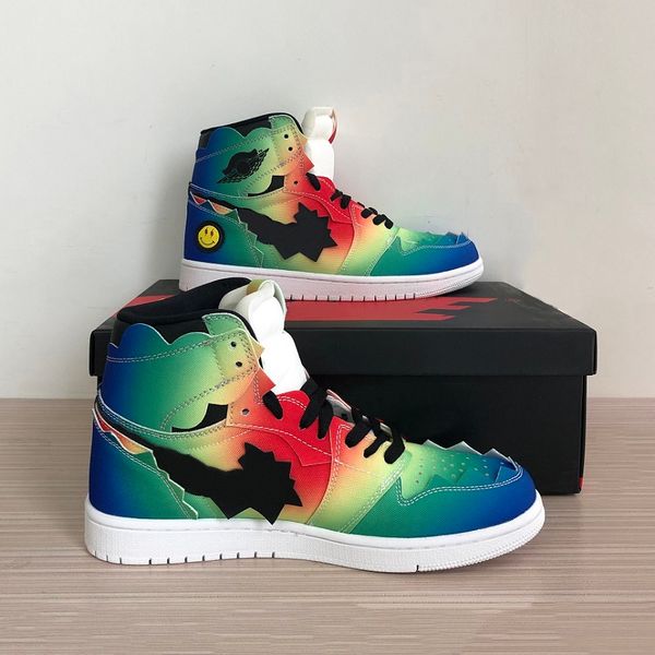 

j balvin x 1 high og mens basketball shoes 1s colores y vibras tie dye multi-color rainbow dc3481-900 mens trainer sports sneakers 36-46, White;red