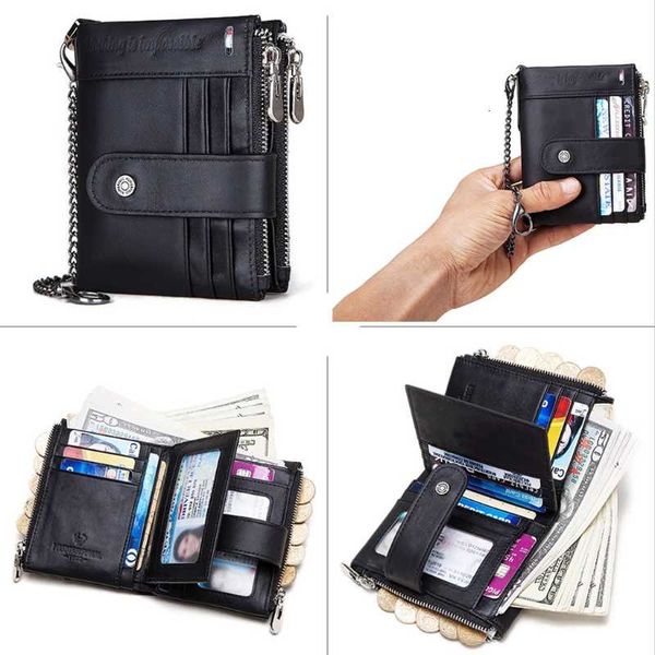

men's rfid blocking leather bifold wallet with anti theft chain lx9f, Red;black
