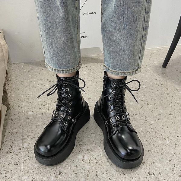 

woman lace up platform booties nice buckle motorcycle boots winter women black pu ankle boots fashion round toe