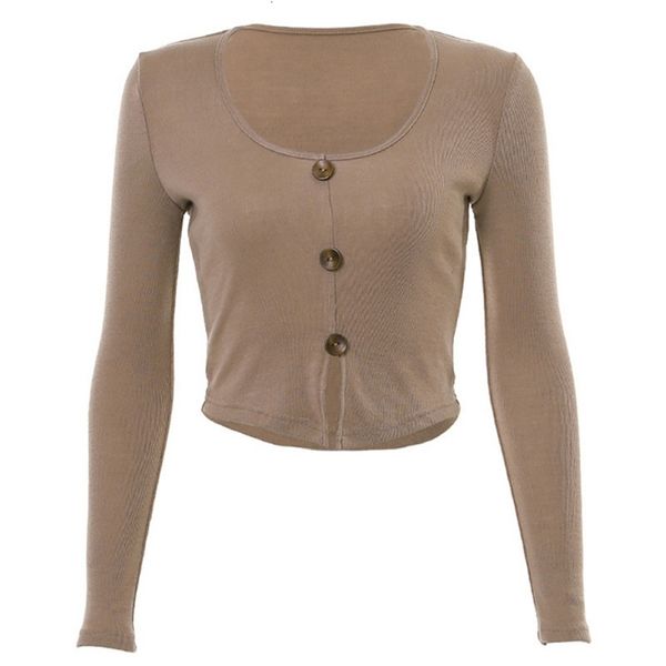 

spring and autumn solid color round neck long-sleeved single-breasted exposed navel t-shirt women's shirt, White