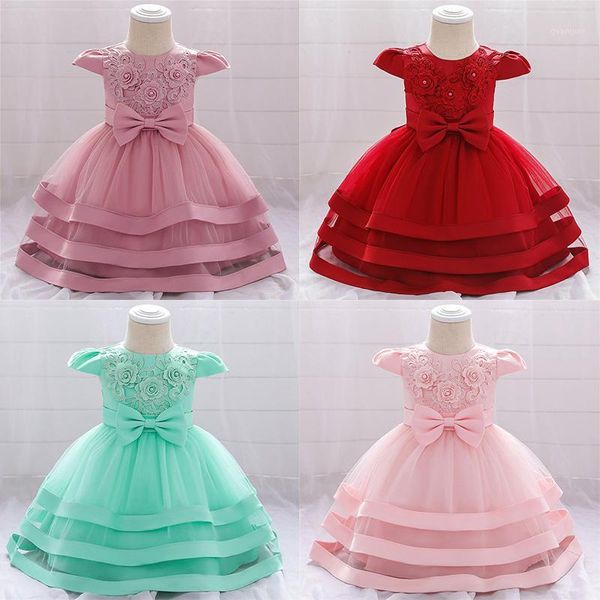

0-2years baby girl elegant dress hundred day bow flower princess dress children's clothing party wedding embroidered tulle1, Red;yellow