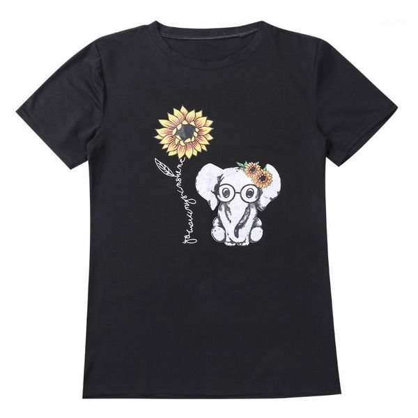

fashion women elephant sunflower t-shirt summer casual round neck short sleeve loose basic, White