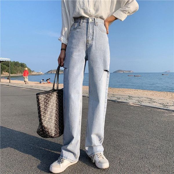 

selling straight chic thin high waist slender all match women new blue loose denim female korea jeans washed pants